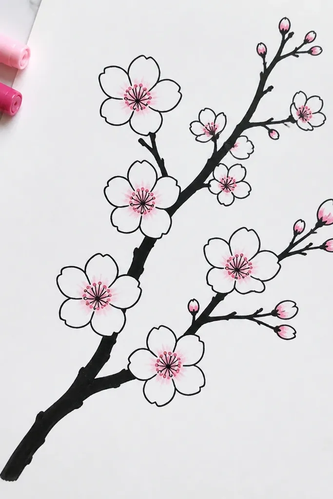 A page on smooth paper with very sharp marker lines. Blossoms are outlined cleanly, and the branch looks bold. The background stays white with a few faint pink accents inside petals.