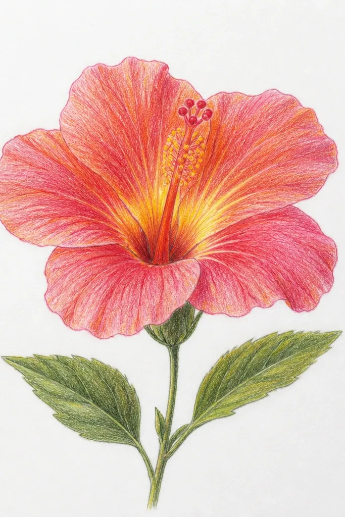A single hibiscus flower centered on white paper. The petals are soft pink with warm orange-yellow at the throat, and the inner folds show deeper red-brown shadows. A few thin green leaves sit off to the side, and the background is blank white.