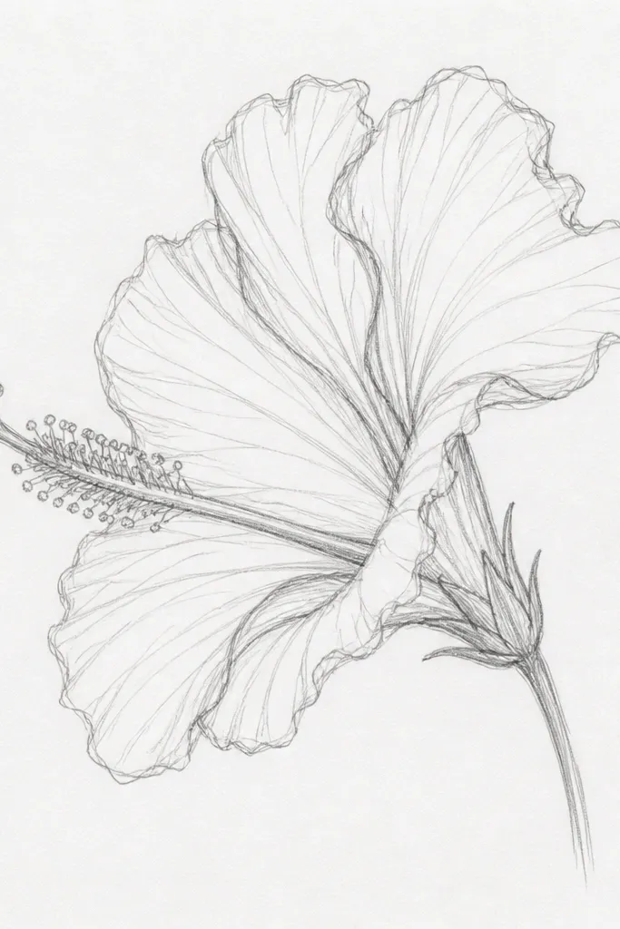 A hibiscus drawn from a side angle. One petal is larger in the foreground, another wraps behind it. The throat is partially visible with orange-yellow and red shadowing. The background is a soft gradient wash of very light blue at the edges.