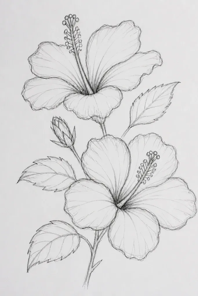 Two hibiscus blooms on a single stem. The left flower is slightly larger and more detailed, the right is a bit smaller and paler. Leaves are simple and green with visible veins. The background is mostly white with faint leaf-green speckles near the stem.