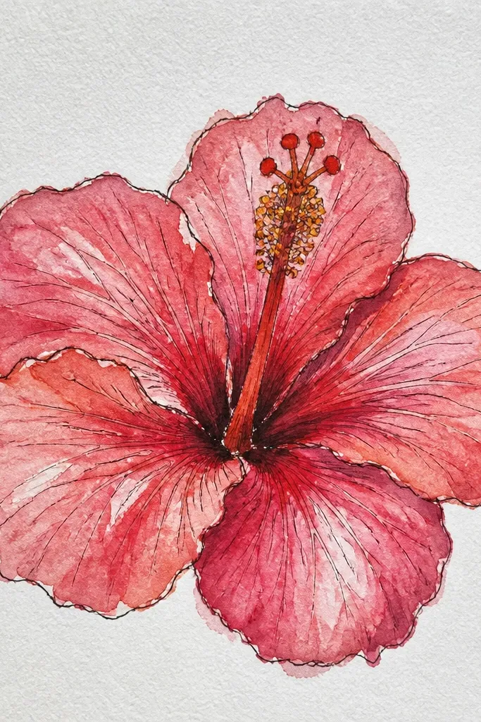 A close-up of the hibiscus throat and inner petal folds. Petals are mostly cropped out, showing a glowing yellow-orange center surrounded by red-brown shadows. Fine vein lines radiate outward in thin strokes. Background is white with a few faint pencil marks.