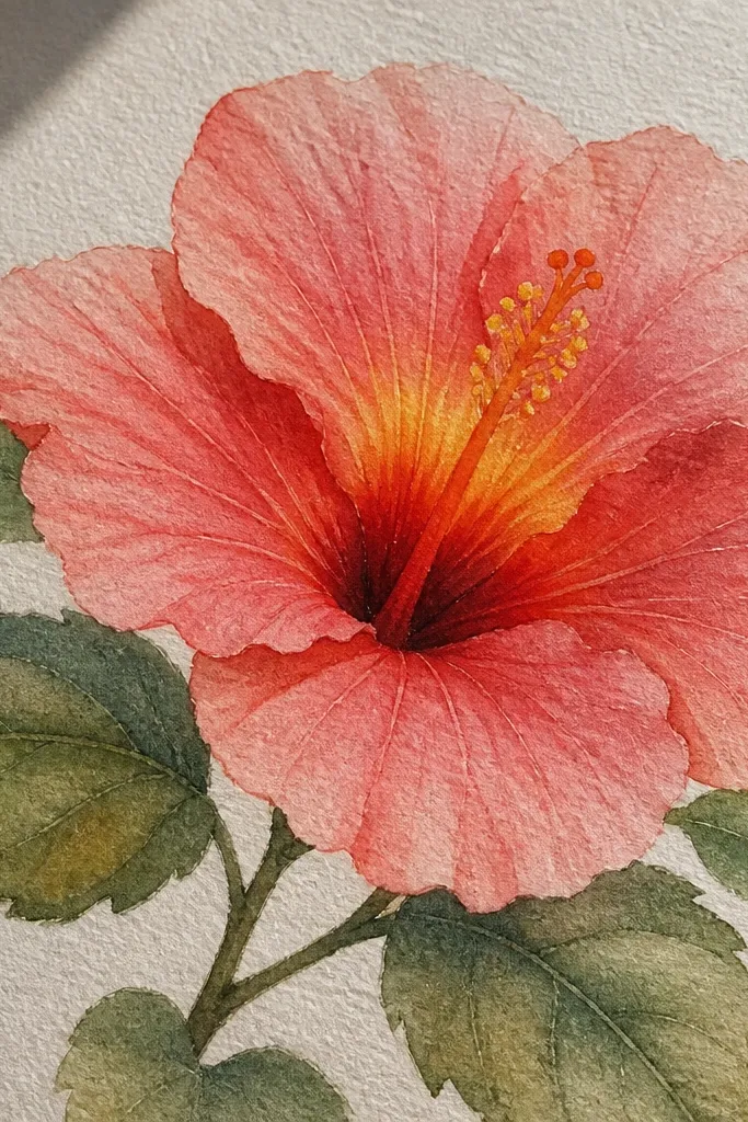 A hibiscus drawn on visibly textured paper. The petals look softly blended with visible grain catching highlights. The throat glows yellow-orange with a smoky red shadow. Leaves are muted green with gentle gradients.