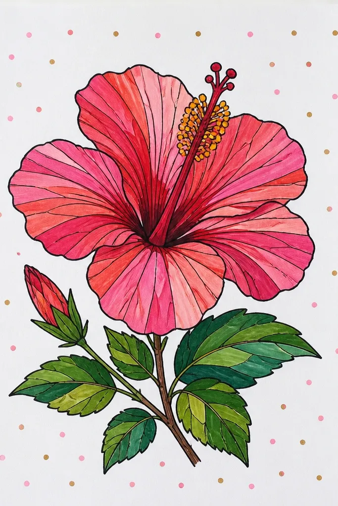 A full hibiscus flower with petals in pink and magenta. Behind it, the background has a neat grid of tiny dots in pale yellow and light blue. Leaves and stem are simple green shapes. The dots stop near the flower edges to keep it clean.
