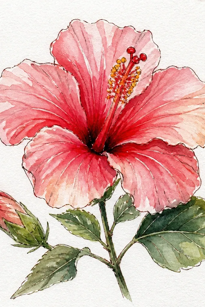 A hibiscus with softer, watercolor-like gradients. Petals fade from pale peach to deeper pink at the edges. The throat is bright yellow-orange with a red-brown smoky center. Background has a light wash of pale lavender around the bloom.