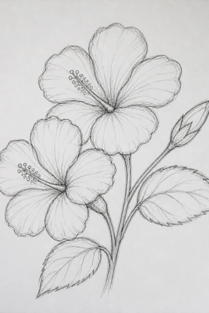A small bouquet: one fully open hibiscus, one smaller hibiscus partially open, plus a tight bud. Two large leaves frame the flowers. Petals are pink with magenta folds, leaves are deep green with bright vein highlights.