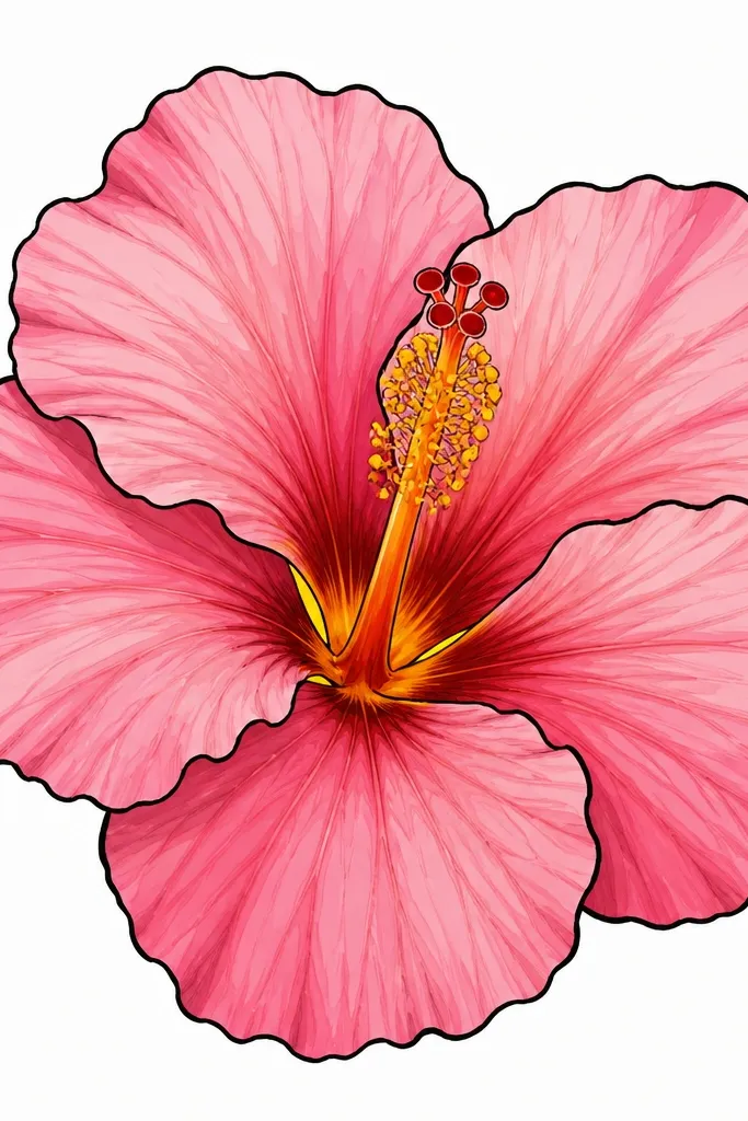 A hibiscus drawn with strong dark outlines around each petal edge, like ink. Petals are shaded in pink layers inside the outline. The throat has bright yellow-orange with a dark red-brown inner contour. Background is white.
