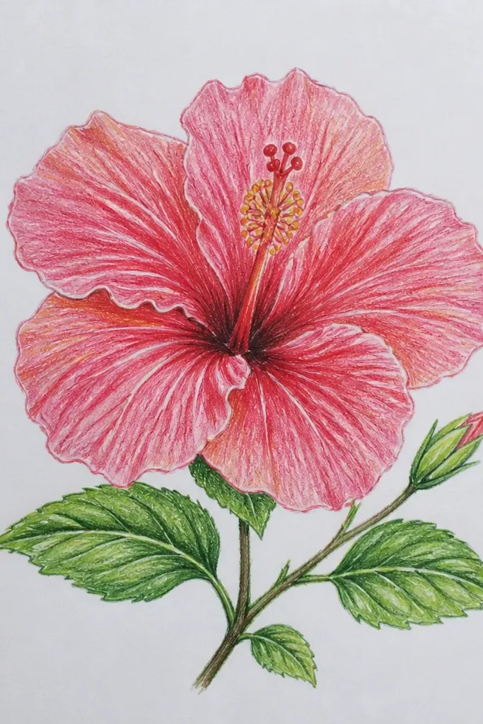A hibiscus with smooth pink petals and a glowing throat. After shading, bright white highlights are added along the petal curves, especially near the top edges. Leaves are green with subtle vein lines. Background is plain white.