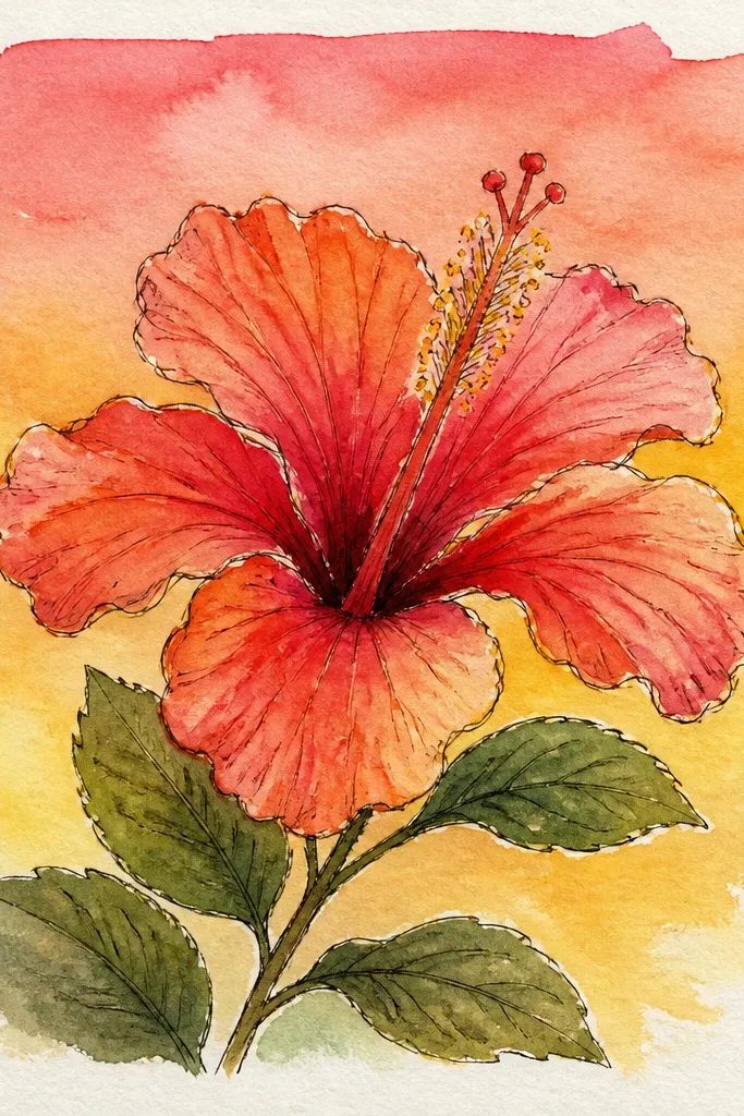A hibiscus in the foreground with pink petals and a yellow-orange throat. Behind it is a sunset gradient: pale orange near the center fading into soft purple and then light blue at the top corners. Leaves are green with gentle shadows.