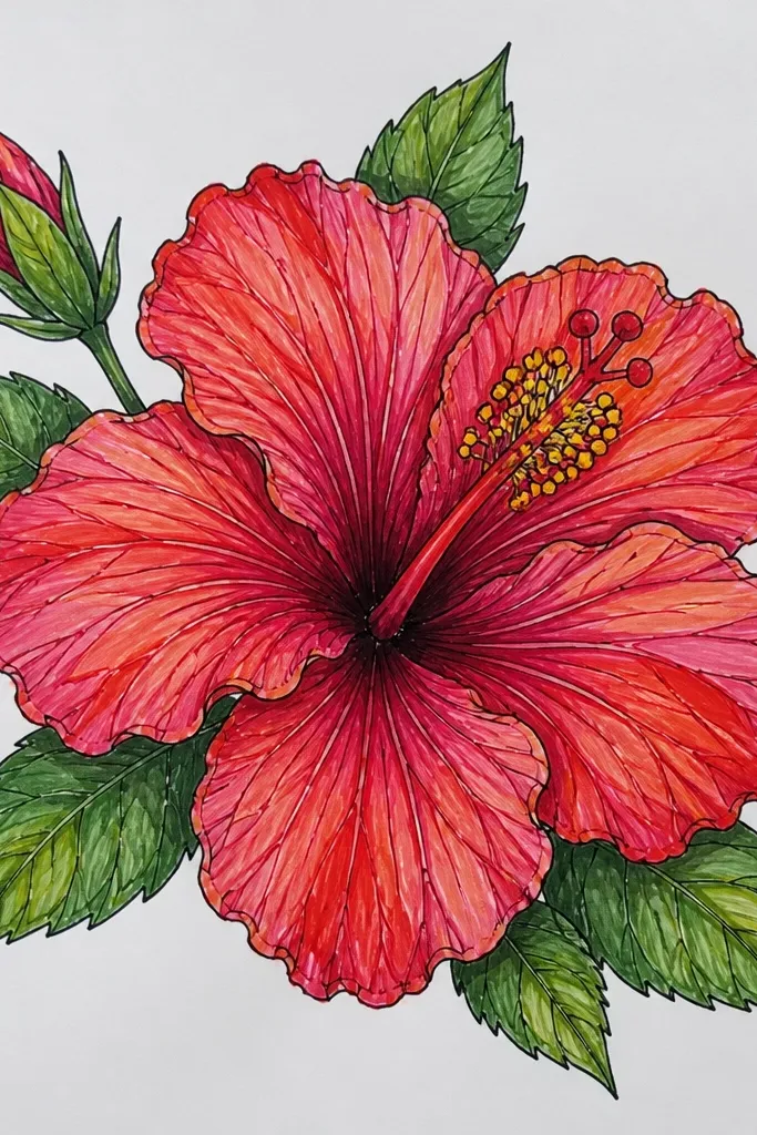 A hibiscus with petals shaded smoothly, but the veins are drawn as clearly visible, slightly darker lines that stand out like a graphic pattern. The throat is bright yellow-orange with a dark red ring. Background is a simple pale green wash or minimal white.