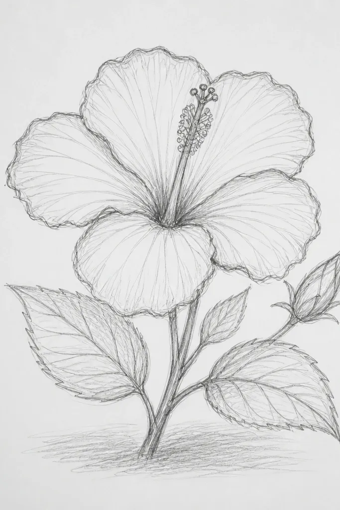 A hibiscus centered with a subtle shadow under the petals. The petals are pink with realistic fold shading. Under the flower is a soft gray-purple shadow shape that fades outward. Background is otherwise white.