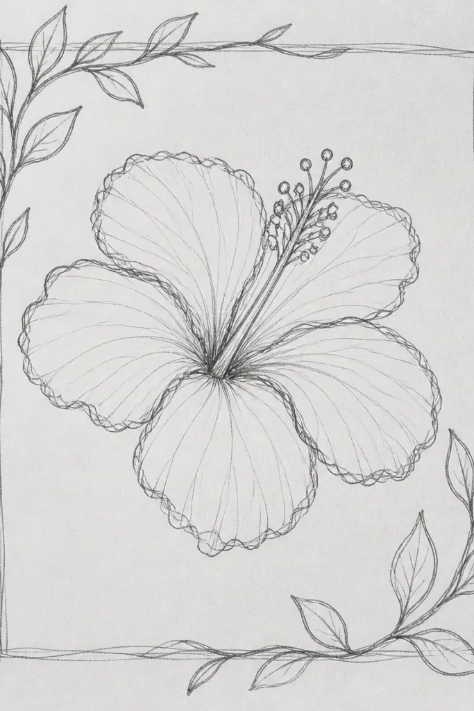 A hibiscus flower with two leaves framing the sides like a partial picture frame. The leaves overlap the edges of the petals slightly. The throat is warm yellow-orange with red folds. Background is clean white.
