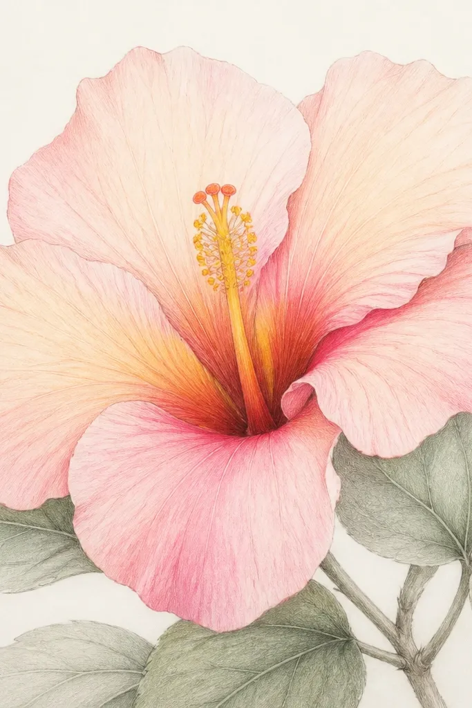 A hibiscus with very faint pencil outlines. Petals blend smoothly from pale peach to deeper pink at folds. The throat glow is bright yellow-orange, surrounded by soft smoky red-brown. Leaves are lightly shaded with gentle gradients.