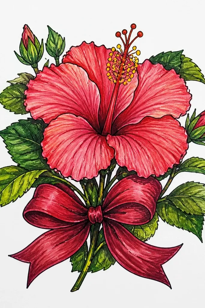 A hibiscus with dramatic maroon fold lines that look like ribbon bands across each petal. Petals have pale pink base, then the folds are dark maroon. The throat is yellow-orange with deep red-brown center shadows. Leaves are dark green with sharp vein lines.