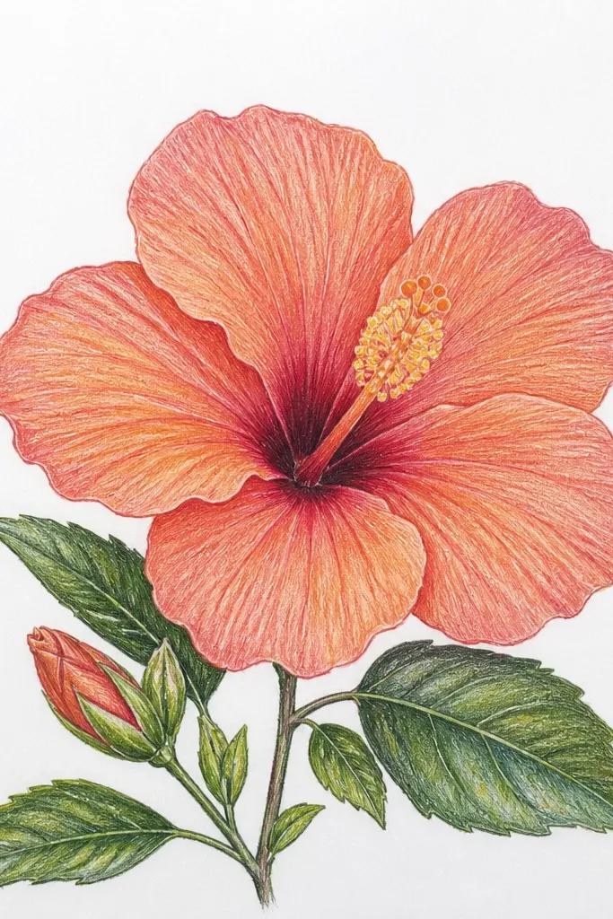 A hibiscus close-up with a very warm, golden throat. Petals are pink with darker red fold shading. The center glow looks like it has a metallic warmth, with tiny specks near the throat. Leaves are green and simple. Background is white.