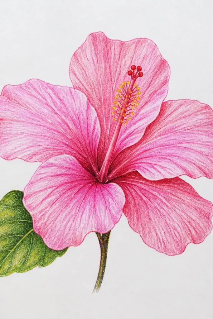 A hibiscus with petals shaded only in pink tones from pale blush to hot magenta. The leaves are mostly muted green, but one leaf vein or edge has a brighter green accent. The throat glows yellow-orange with red-brown shadows. Background is white.