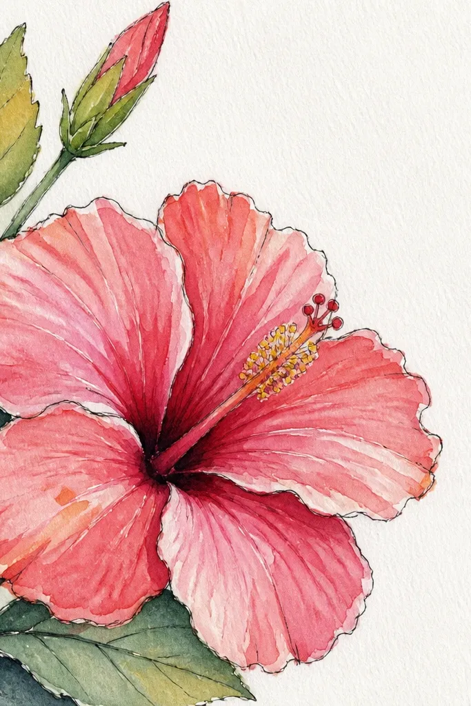 A hibiscus drawn so the flower is cropped at the top and left edges of the page. Only part of the bloom is visible, with one petal extending toward the bottom right corner. Petals are pink with darker fold shading, throat is yellow-orange. Leaves are minimal. Background is white with a few light pencil guide marks.