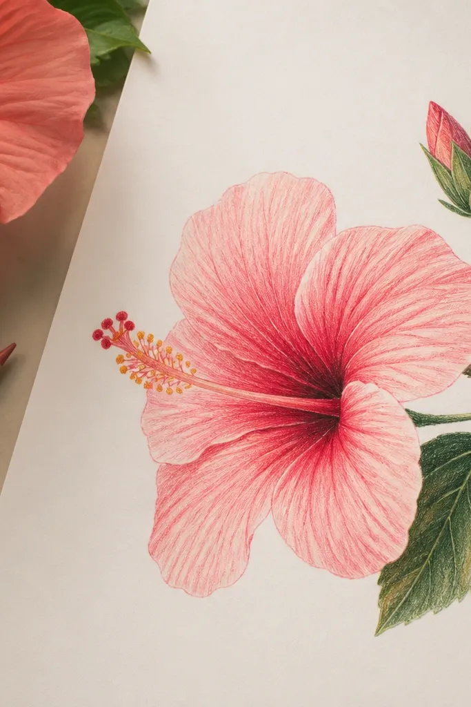 Color pencil hibiscus flower drawing ideas