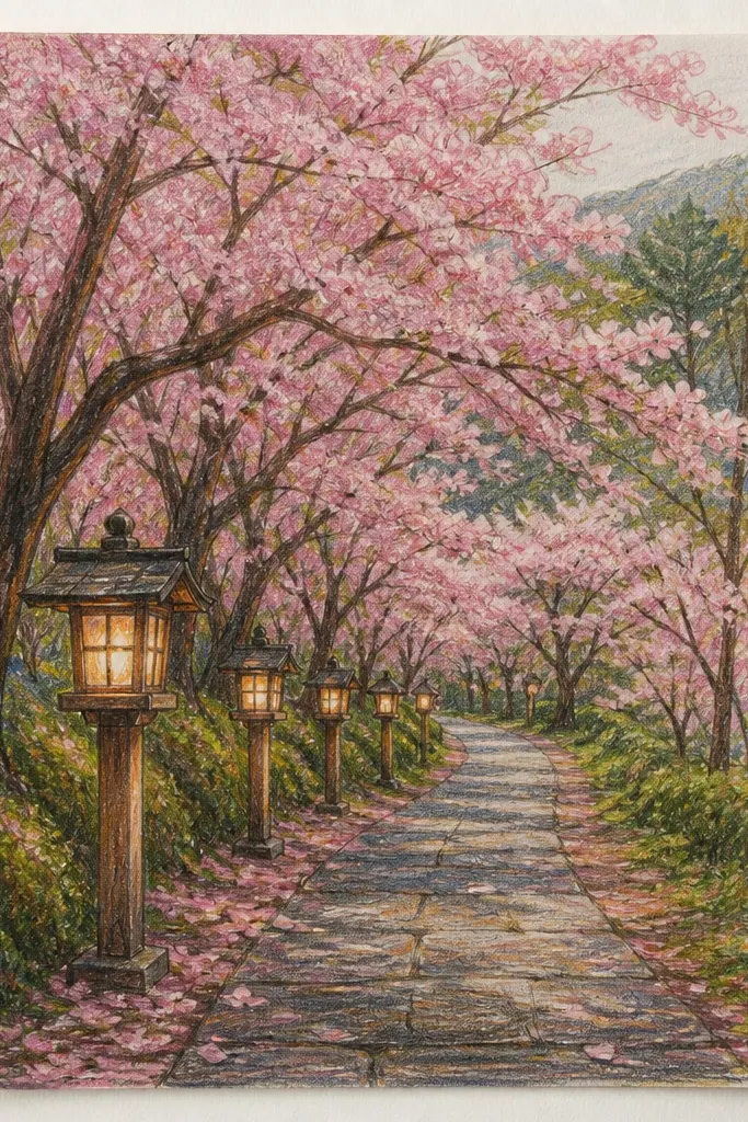 A warm yellow-orange glow surrounds a winding path in the foreground. Two rows of cherry trees arch over it, with clustered pink blossoms and darker trunks. Small lanterns sit along the path, each a simple circle with a glowing halo, and the sky fades from peach to pale blue.