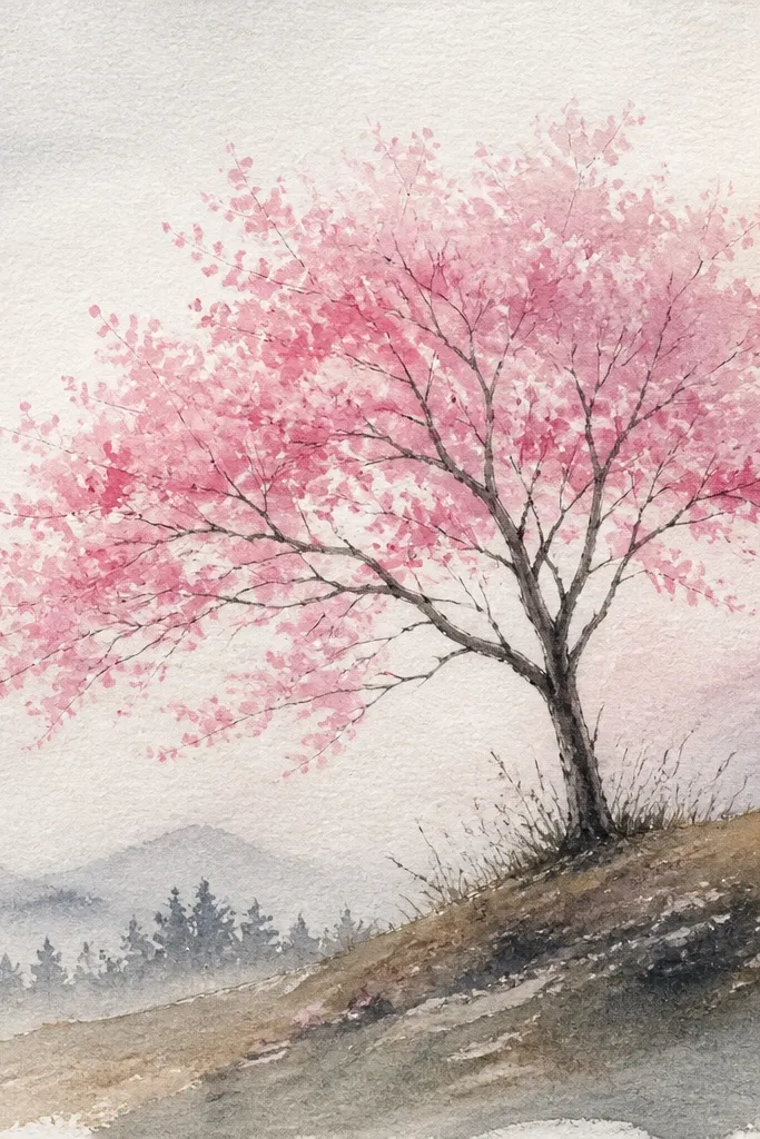 Three layered hills fade into the distance like steps. The nearest hill is tinted warm gray and holds a few cherry branches. The middle hill is hazy with pale pink fog, and the top sky is a milky peach with a soft gradient.