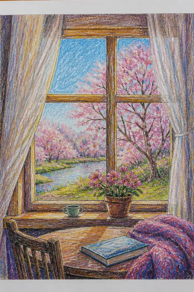 A rectangular window frame sits in the foreground. Through it, a cherry tree fills the view with drooping branches and dense pink blossoms. The inside window ledge is shaded warm brown, and the sky outside is pale peach with soft clouds.
