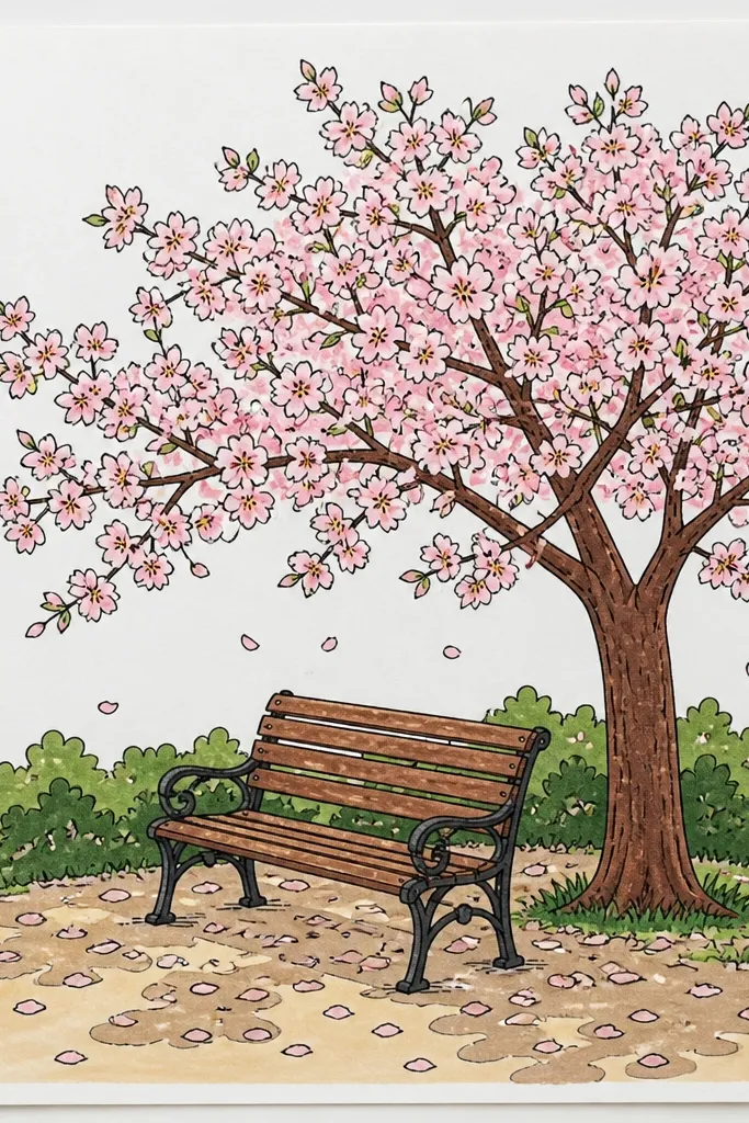 A wooden bench sits under cherry trees. The ground shows speckled light patches like sunlight filtering through leaves. Blossoms hang above, and the sky is a soft gradient with a few small cloud shapes.