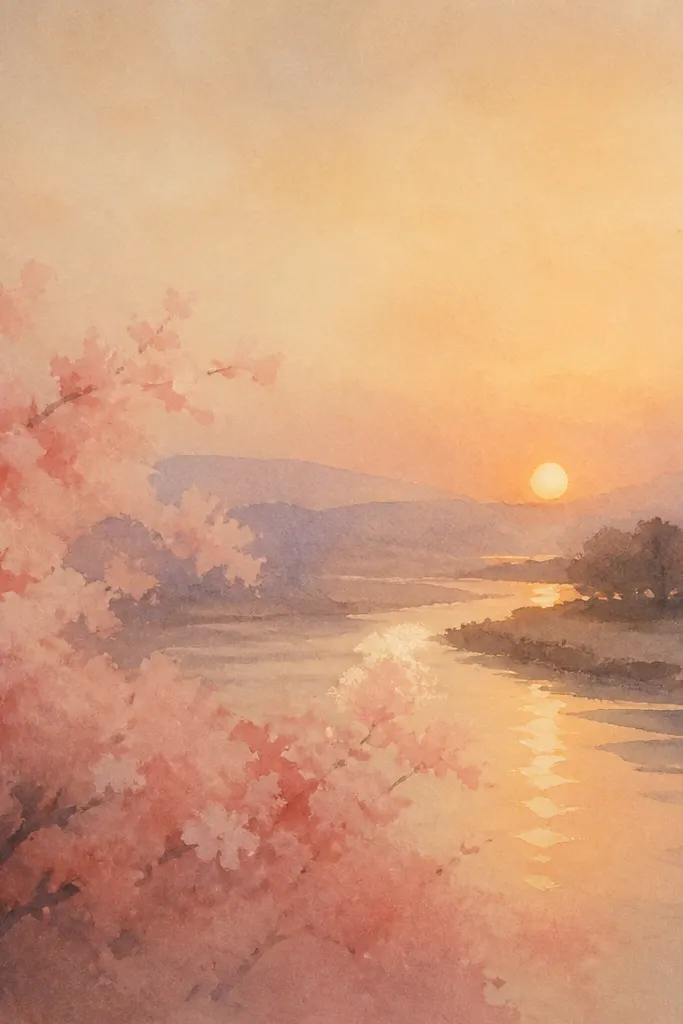 A river curves from bottom left to center right. The sky is sunset peach and soft orange, with a band of pink blossoms reflected on the water. The riverbanks have cherry trees and a few drifting petals.