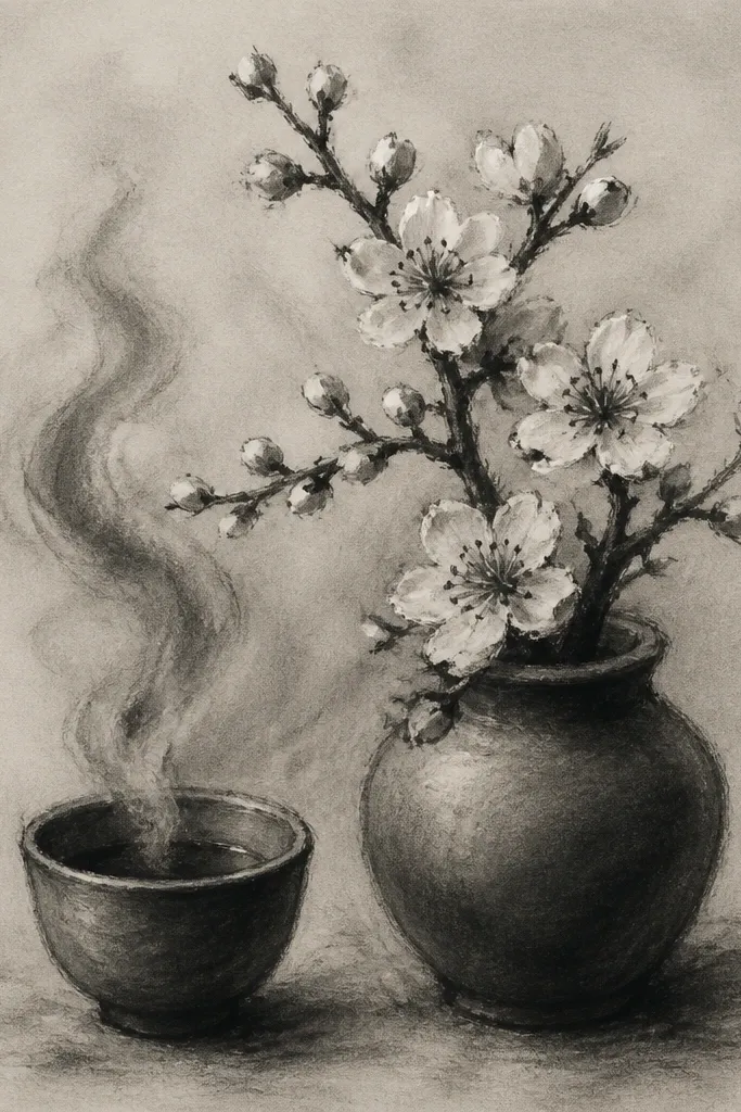 A steaming cup sits in the bottom center, with a blossom branch reaching toward it. Steam forms looping ribbon shapes that blend into a pale pink sky. Blossoms are clustered above the cup with small petal dots drifting.