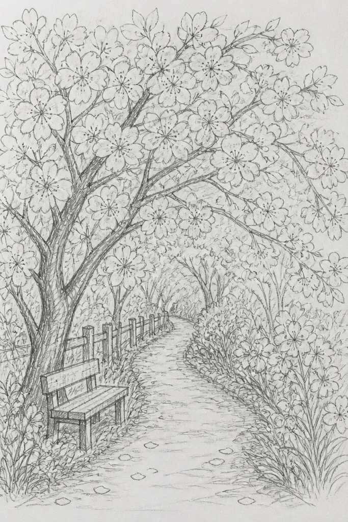 A footpath stretches forward into the page with a tunnel effect. Cherry branches arch overhead, forming a canopy. The ground has warm beige shading and a few scattered petals, while the sky is mostly blocked by blossoms.