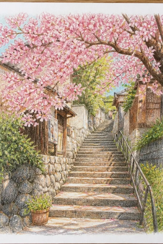 A staircase runs diagonally from bottom left upward to the right. Each step is shaded warm gray, and blossoms spill over the railing. The sky is pale peach with soft cloud blobs.