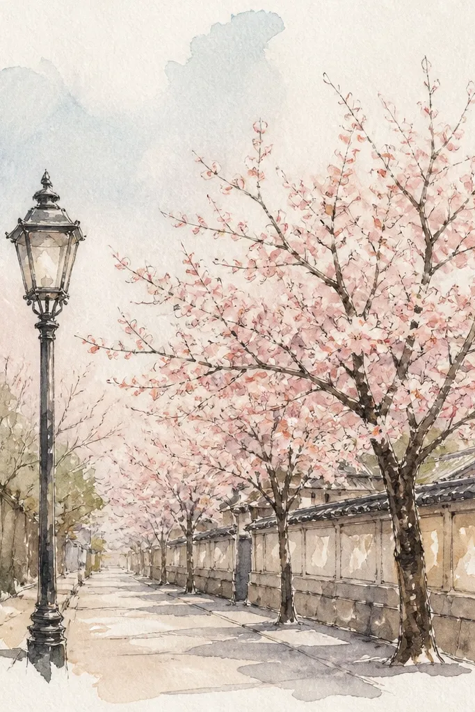 A single street lamp glows warm yellow in the center. Cherry branches extend from the sides with pink blossoms, and the ground is covered in light gray with a few dark branches. No snow - just a cool gray day with warm light.
