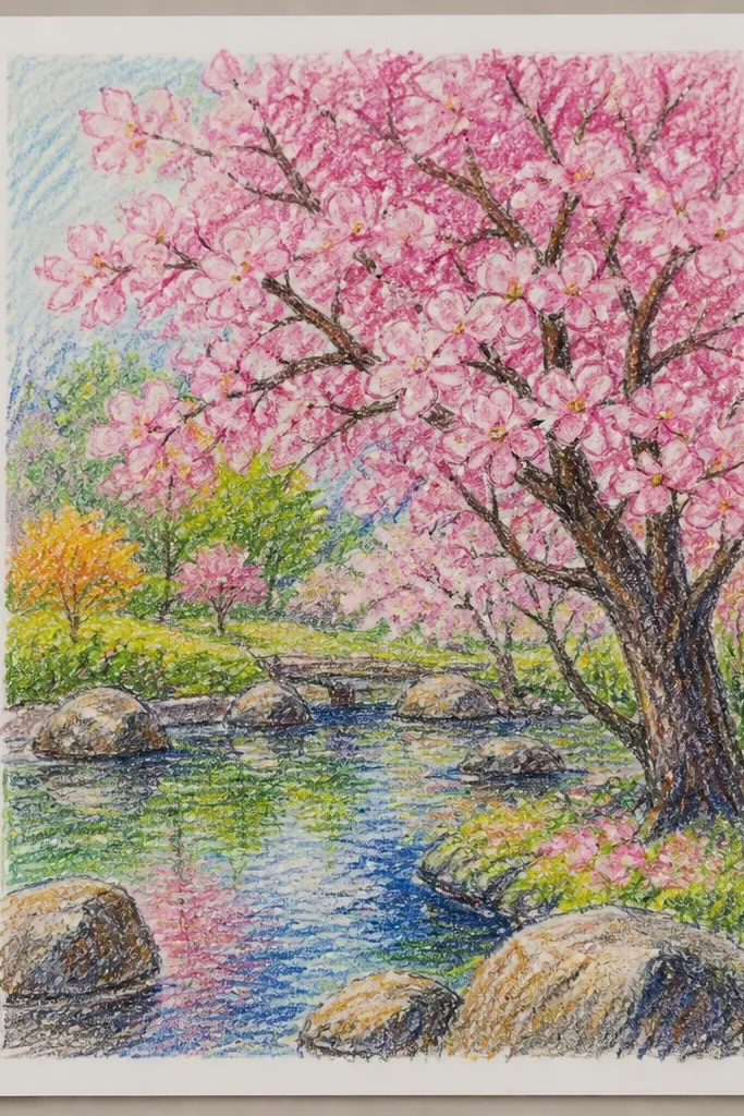 A small pond in the lower half reflects the pink blossoms above it. The reflections are curved and broken, with a few petal fragments on the water surface. The background has a soft green-gray hill.