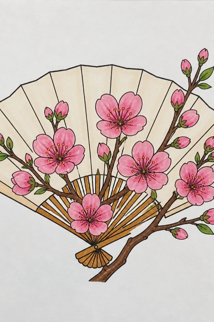 The background looks like a folded paper fan with diagonal light stripes. A single cherry branch runs across the middle with clustered blossoms, and the foreground has a warm beige base.