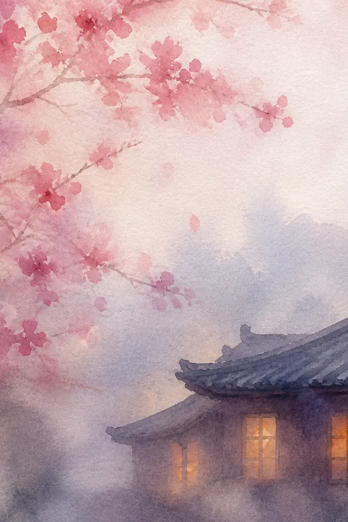 A slanted rooftop fills the lower half with warm amber window rectangles glowing from inside. Cherry branches drape over the roof edge with pink blossoms. The sky is twilight blue with a peach band near the horizon.