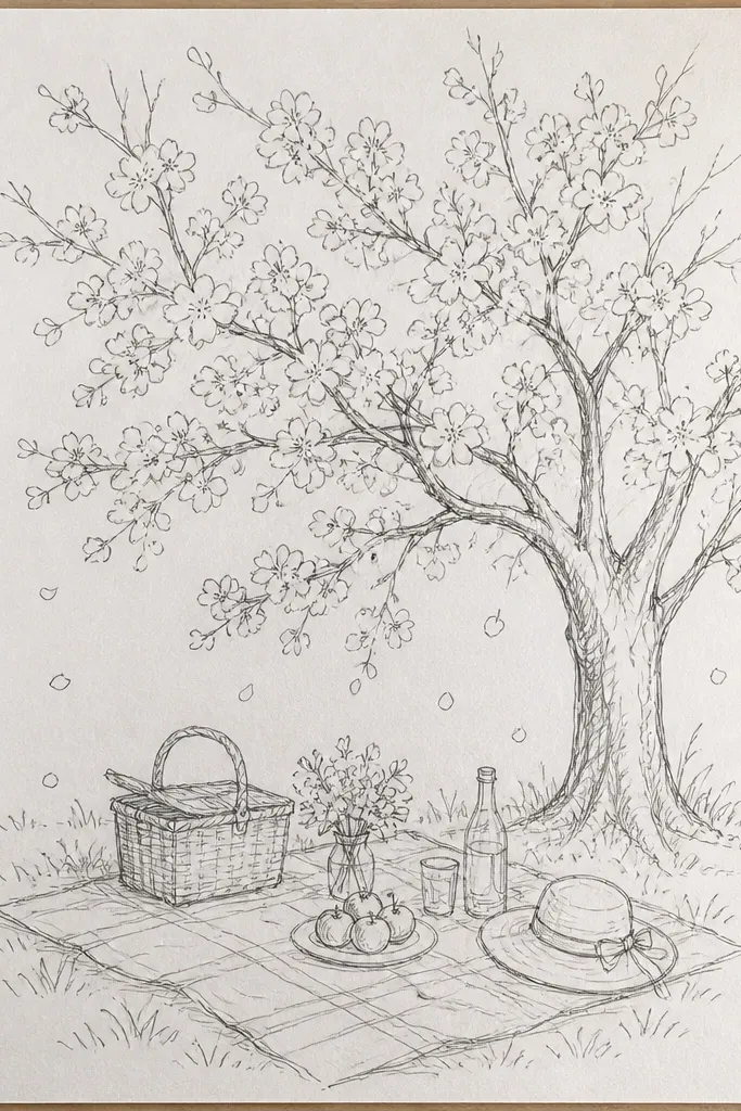 A plaid picnic blanket sits in the foreground with a basket and a couple of simple cups. Above it, cherry branches hang with pink blossoms. The background shows a soft hill and a pale peach sky.