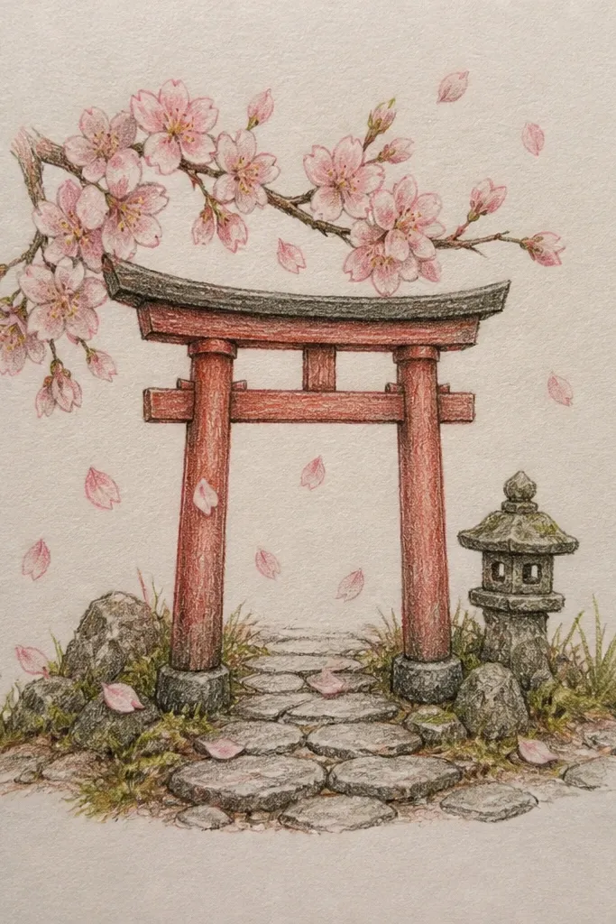 A small torii gate stands near the center. Pink petals fall diagonally across the page with a few bigger petals in the foreground. The sky is warm peach and the ground is soft warm gray.