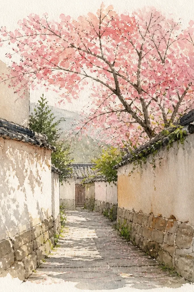 Two tall walls create an alley perspective toward a bright opening. Blossom branches spill from above the walls, and the ground is warm beige with a shadow line down the center. The sky is a small peach strip at the top.