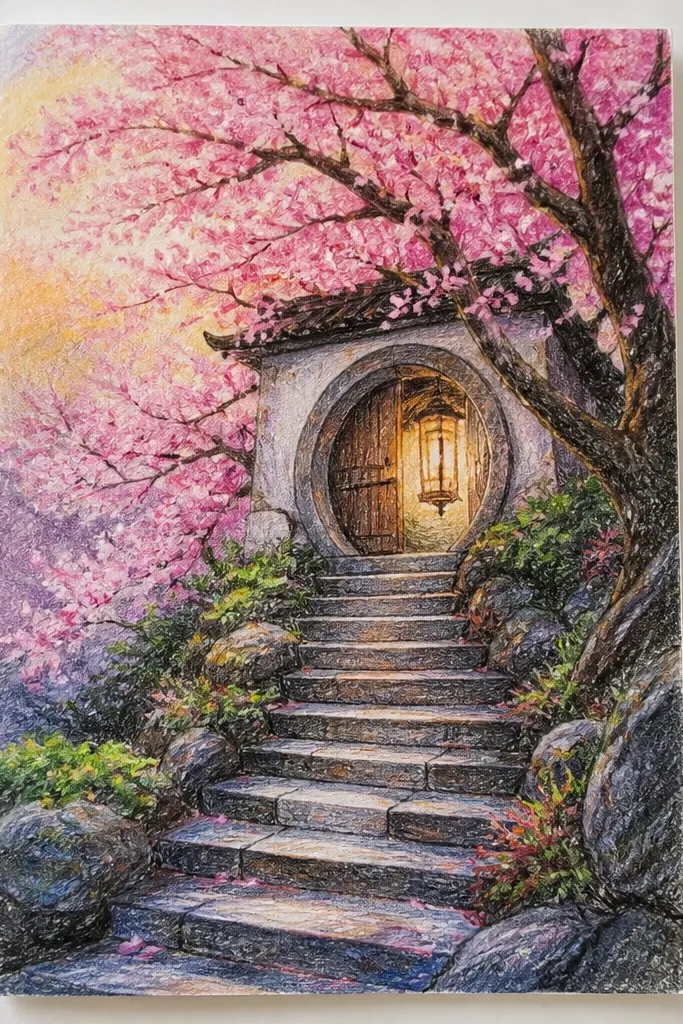 A stairway leads up to a door glowing warm amber. Cherry blossoms cluster around the steps and spill onto the sides. The background is a pale blue-gray sky with a warm light halo around the door.