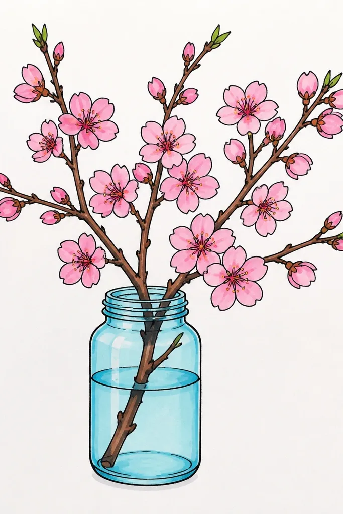 A clear or lightly tinted jar holds a cherry blossom branch. The jar sits on a warm tabletop with soft shadow. Pink blossoms fill the top half, and the background is a pale cream wash.