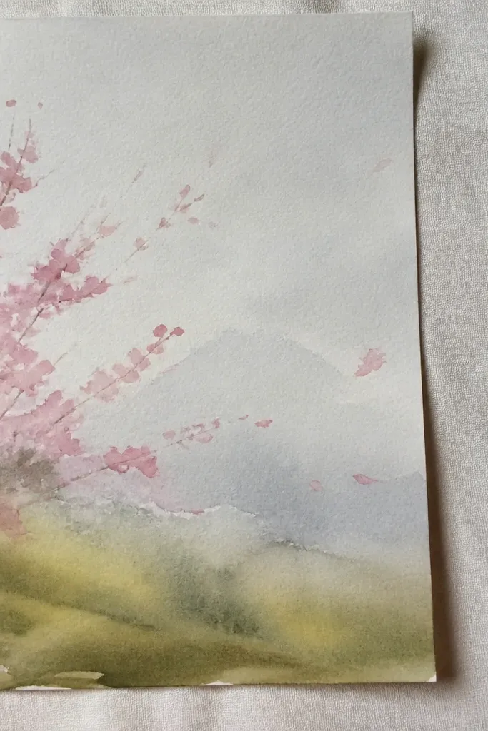 A simple lawn fills the bottom half with warm green-gray shading. Wind lines sweep diagonally across the page, and a few blossom clusters hang at the top. Petals drift along the wind direction, with bigger petals near the front.