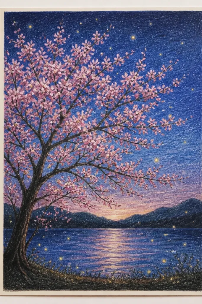 A dark navy sky with a soft gradient near the horizon. Cherry tree branches silhouette in the foreground with pink blossoms. Small firefly dots glow yellow-green near the blossoms, and the ground is a warm gray with a faint light patch.