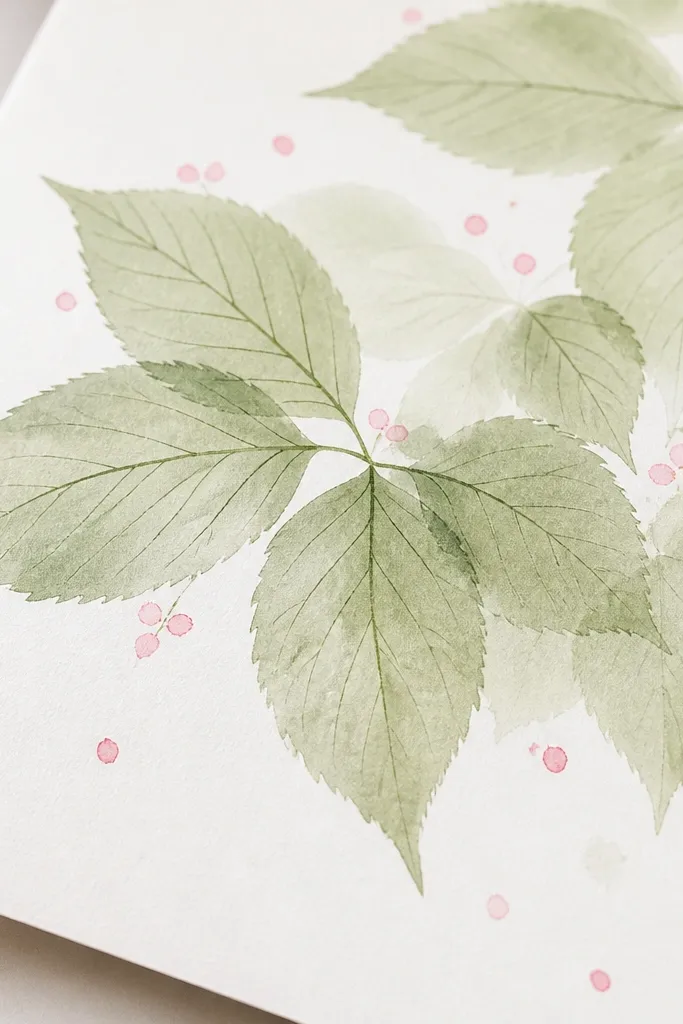 A sheet of paper with soft light-green watercolor washes forming overlapping cherry blossom leaves; fine dark-green vein lines run from a center stem toward the edges; a few tiny pink blossom dots float between leaves.