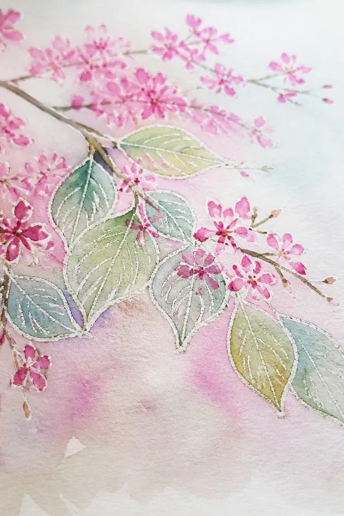 Crayon-sketched cherry blossom leaves show pale outlines against a watercolor wash; the leaves have subtle waxy highlights; pink marker blossoms appear as small clustered dots and short petal strokes.