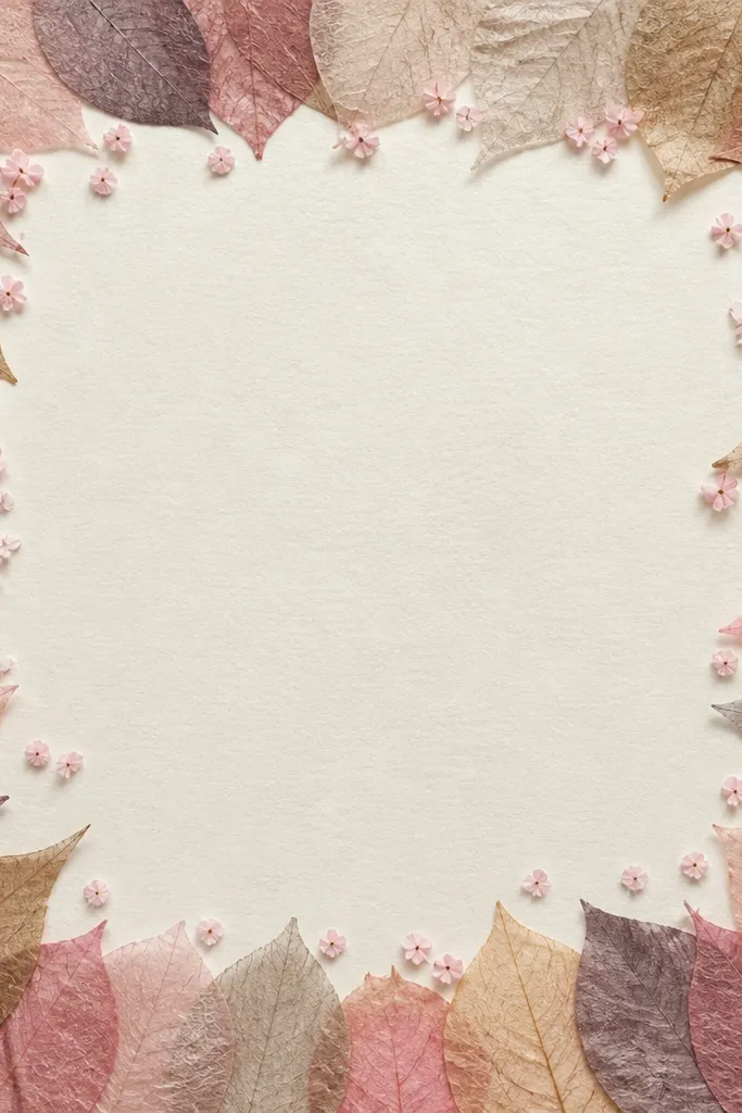 A drawing bordered with layered tissue paper leaf shapes; the leaves are semi-transparent with visible tissue fibers; pink blossom dots sit just inside the border on a pale background.