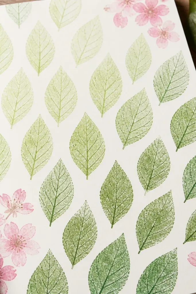 A page with repeated leaf stencils in a gradient from light to darker green; each leaf has a subtle sponge texture and vein lines drawn in a darker tone; a few pink blossoms are stamped near the edges.