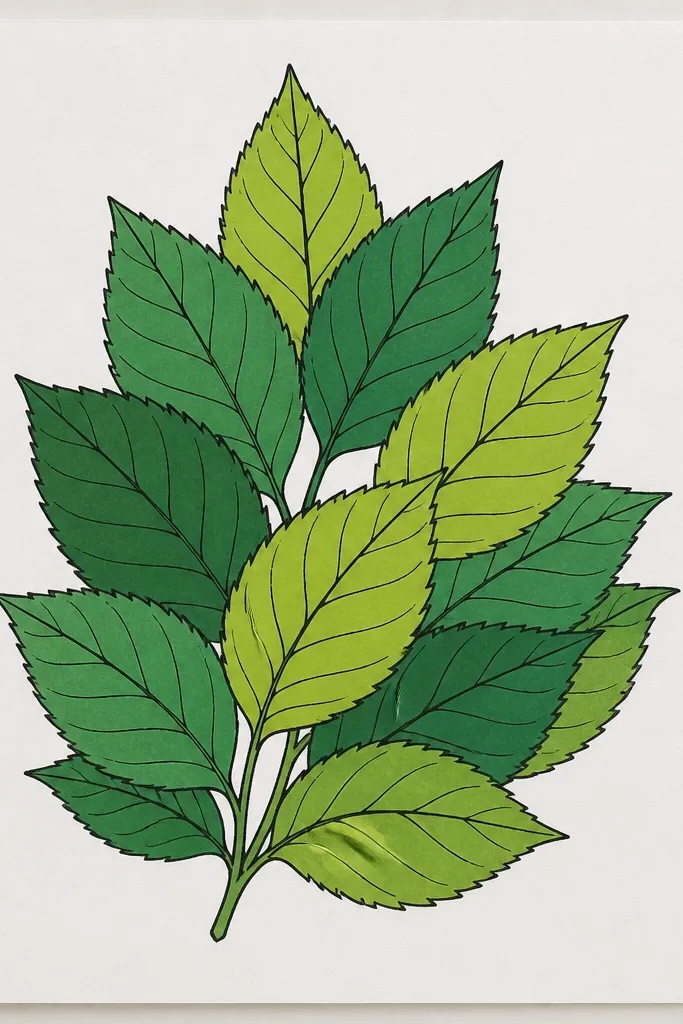 Dark green marker silhouettes of leaves overlap like a pile of paper; each silhouette has a thin outline; small pink blossom dots and short petal strokes float between gaps.