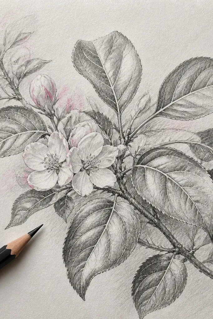 A graphite pencil drawing with clear leaf outlines and crisp vein lines; bright highlights appear where an eraser lifted graphite; faint pink blossom smudges sit among the leaves.