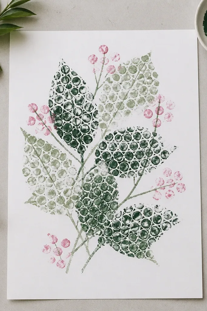 Bubble wrap pressed into ink to print leaf textures; leaves overlap with bumpy circular impressions; a few pink blossom dots are stamped with a cotton swab.