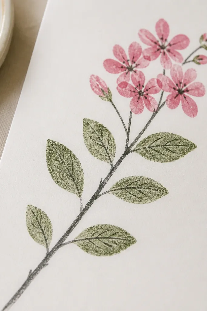 A diagonal branch drawn in pencil/marker with leaf stamps placed along it; each leaf has a drawn vein line; pink blossoms cluster near the top.