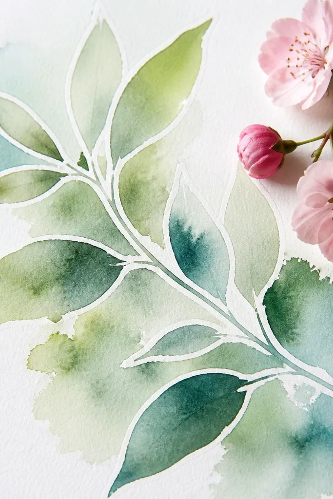 Watercolor wash over a leaf branch where masked edges stay crisp white; leaf outlines look sharp; pink blossoms sit on top with clean edges.