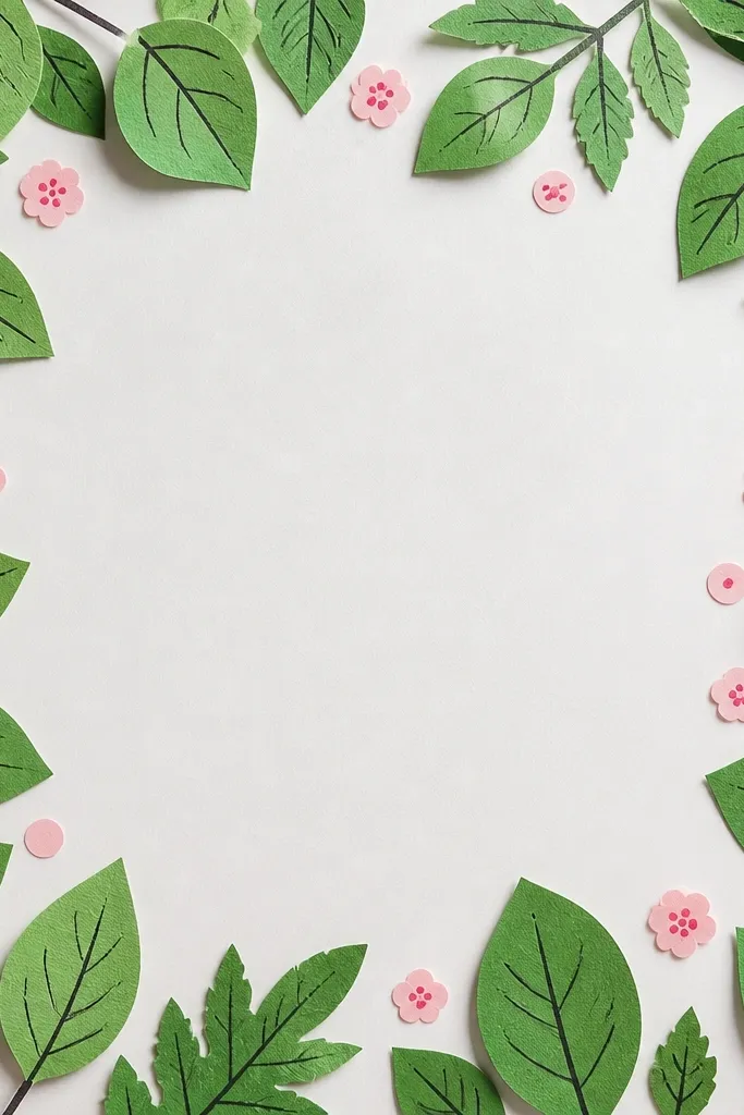 A border made from cut green paper leaf shapes; veins are drawn with a dark marker; pink blossom stickers or drawn dots appear inside the frame.